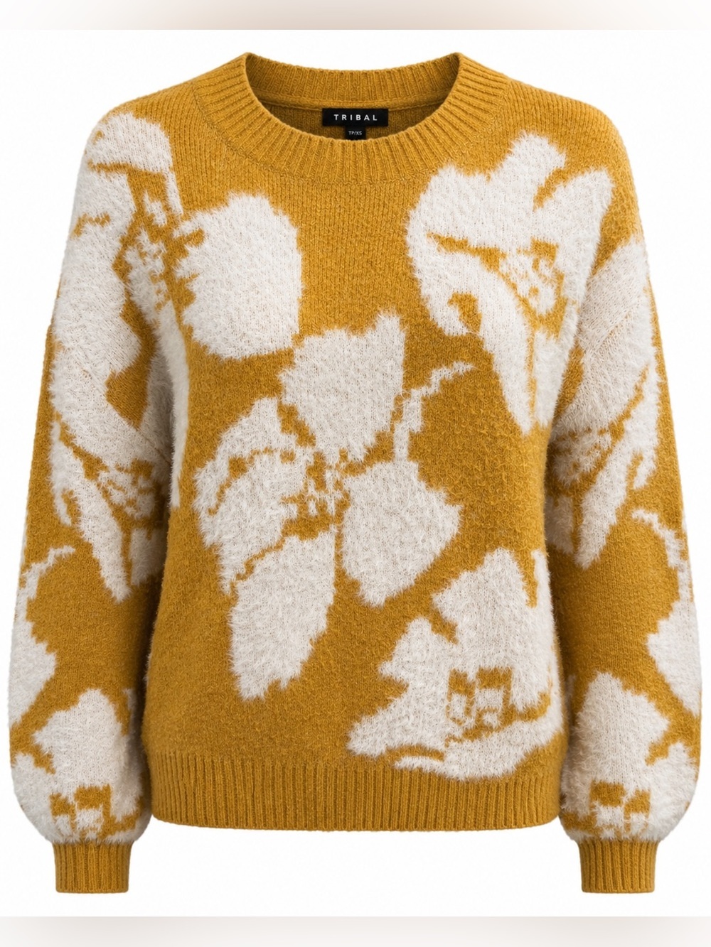 Tribal Mustard Floral Fuzzy Knit Sweater XS Soft Cozy